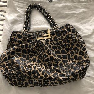 Authentic Fendi Lepard Print Mia Large Cabvas Shoulder Bag.